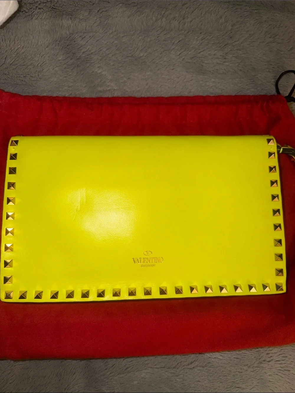 Preloved Valentino Garavani Neon Yellow Rockstud Clutch excellent condition DB